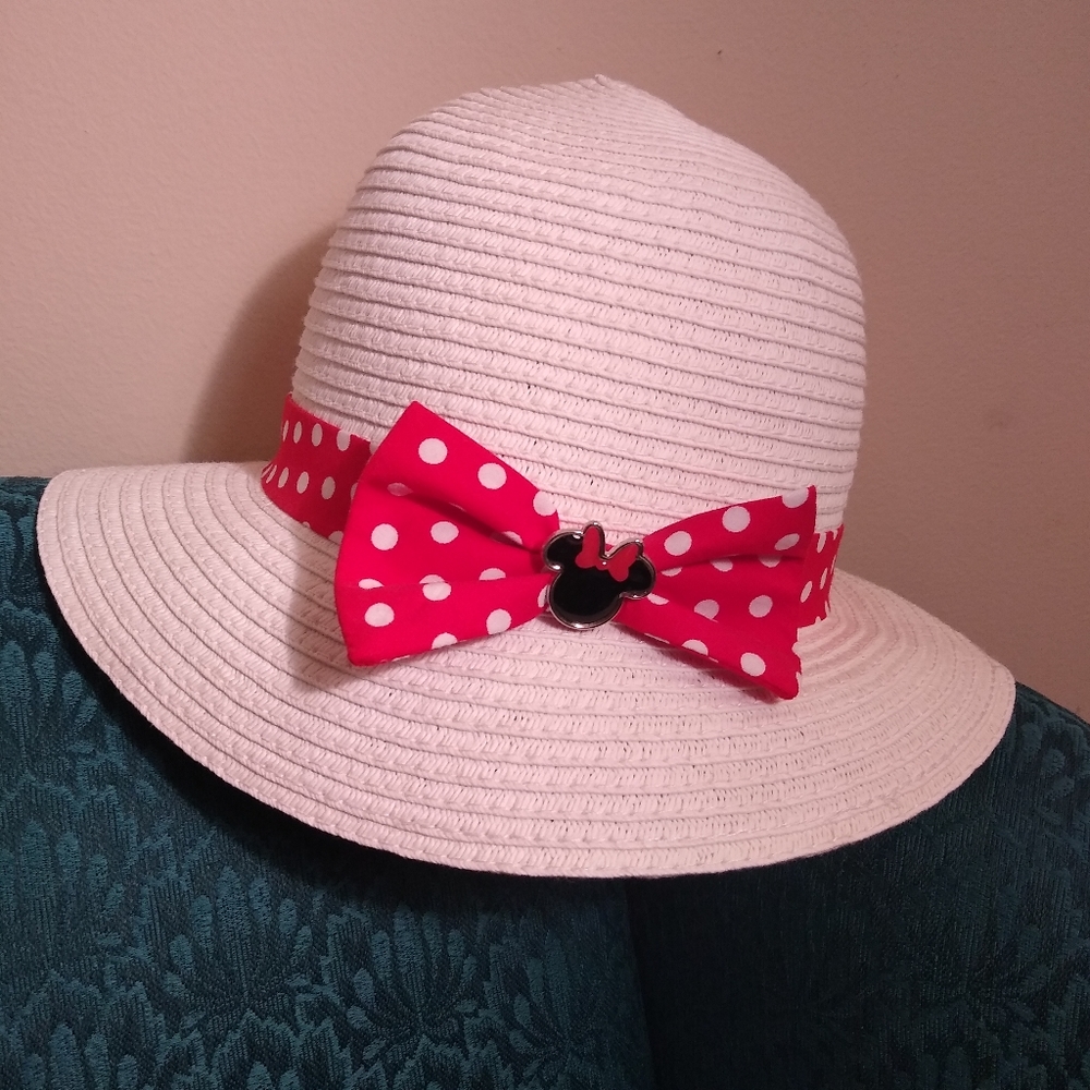 Disney White Straw Sun Hat with Red Polka Dot Bow